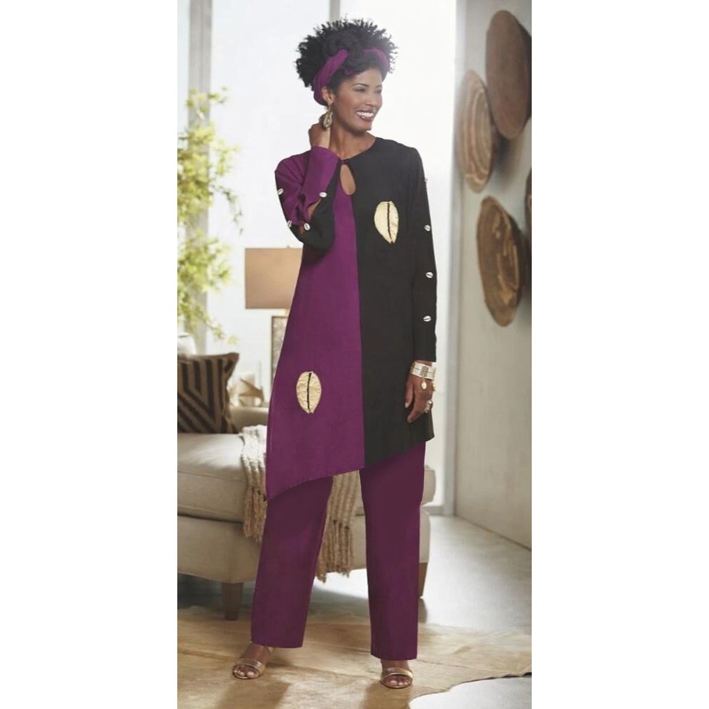 Ashro Vintage Purple Black Colorblock Asymmetric Cowrie Shell Tunic Top La Y2K
